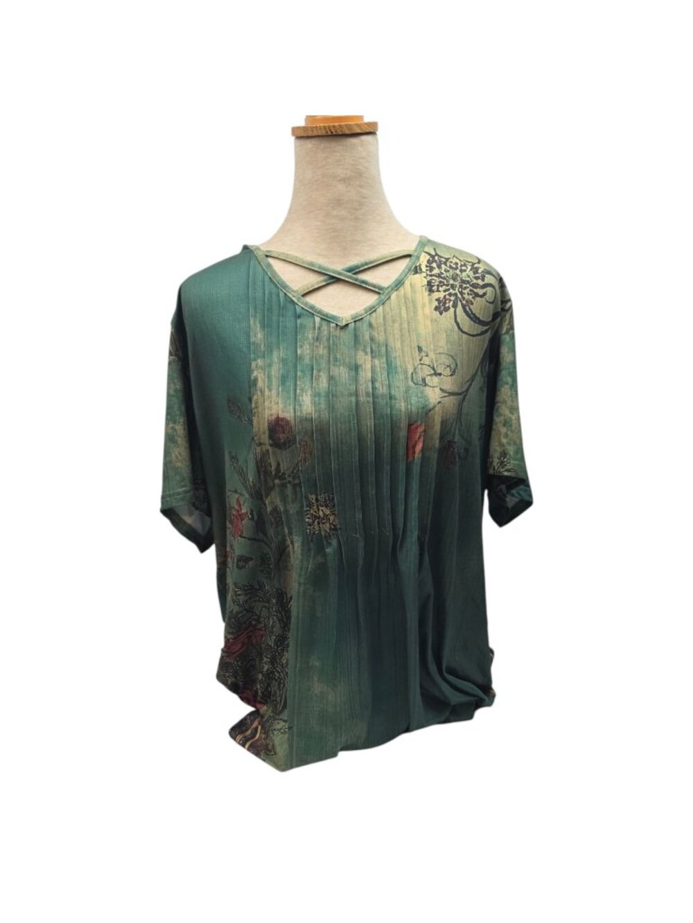 Vislily Floral Blouse Women Plus Size 3XL Short Sleeve Crisscross Neck Green